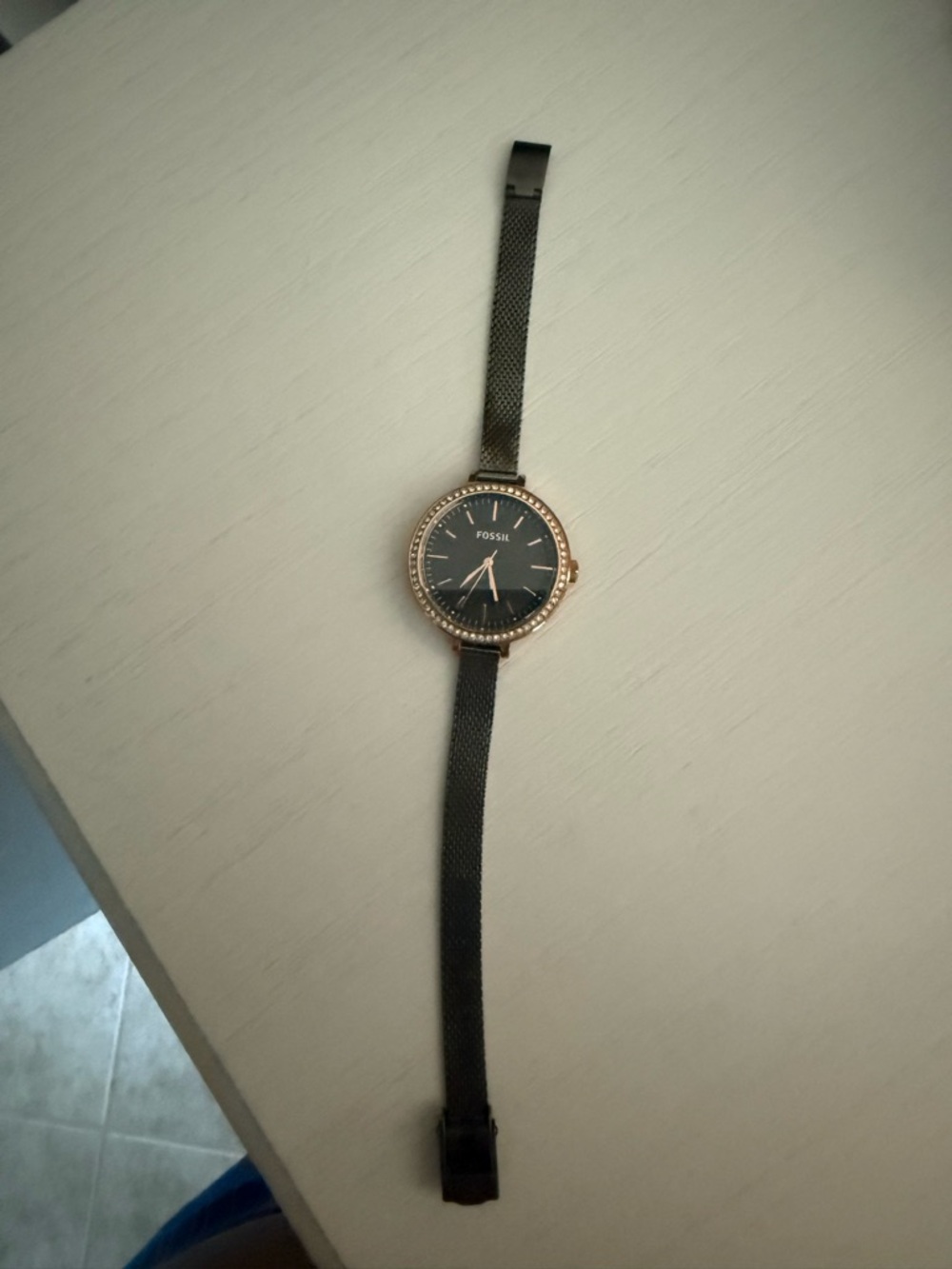 Fossil Black Dial Watch with Rose Gold Crystal Bezel